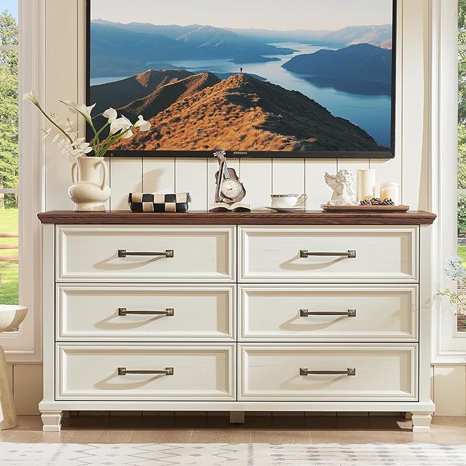 Farmhouse Bedroom Dresser and Nightstand Set of 4, 6 Drawer Tall & Low Dresser & 2 Drawer Nightstand Set, Rustic Wood Bedroom Furniture Set for Livingroom, Hallway, White
