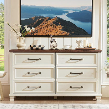Farmhouse Bedroom Dresser and Nightstand Set of 4, 6 Drawer Tall & Low Dresser & 3 Drawer Nightstand Set with Wooden Legs, Rustic Wood Bedroom Furniture Sets for Livingroom, Hallway, White