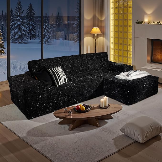 114" Glitter Cloud Sectional Couch with L-Shape Chaise, Modern Boneless Couches for Living Room, Fluffy Tufted Deep Seat Modular Sofa in a Box No Assembly