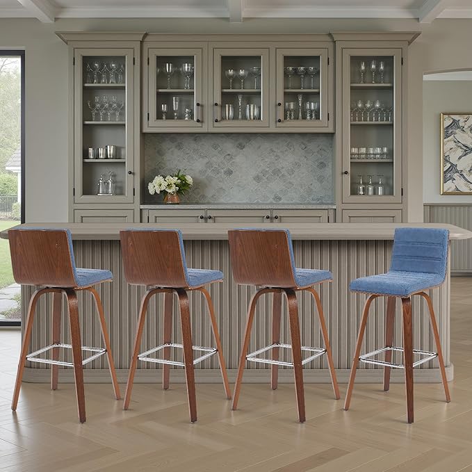 Vienna Modern Swivel Bar Height Stool with Vintage Blue Upholstered Seat and Walnut Finished Wood Frame Set of 2