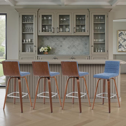 Vienna Modern Swivel Bar Height Stool with Vintage Blue Upholstered Seat and Walnut Finished Wood Frame Set of 2