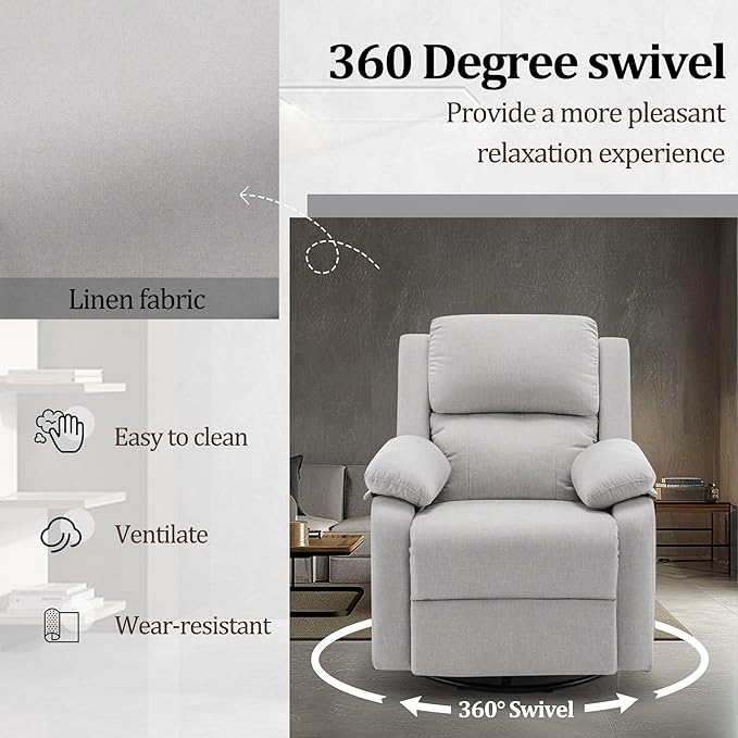 Recliner Chair, 360 Swivel Rocker Chair for Adults, Small Rocking Recliner Chair for Small Spaces, Upholstered Fabric Glider Recliner Nursery with Side Pockets for Nursery, Living Room