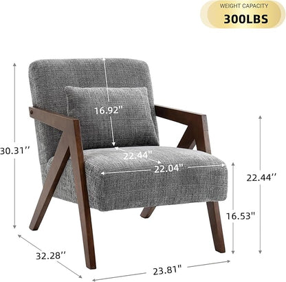 Mid-Century Modern Accent Chair Set of 2 with Solid Wood Frame，Upholstered Chenille Living Room Arm Chairs with Pillow for Bedroom, Living Room, Reading Room, Balcony, Grey