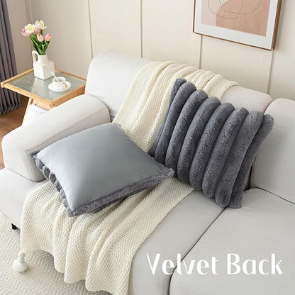 FUTEI Grey Decorative Throw Pillow Covers 24x24 Inch Set of 2, Square Soft Faux Rabbit Fur Thick Striped European Cushion Covers,Winter Home Decor for Couch Bed Living Room