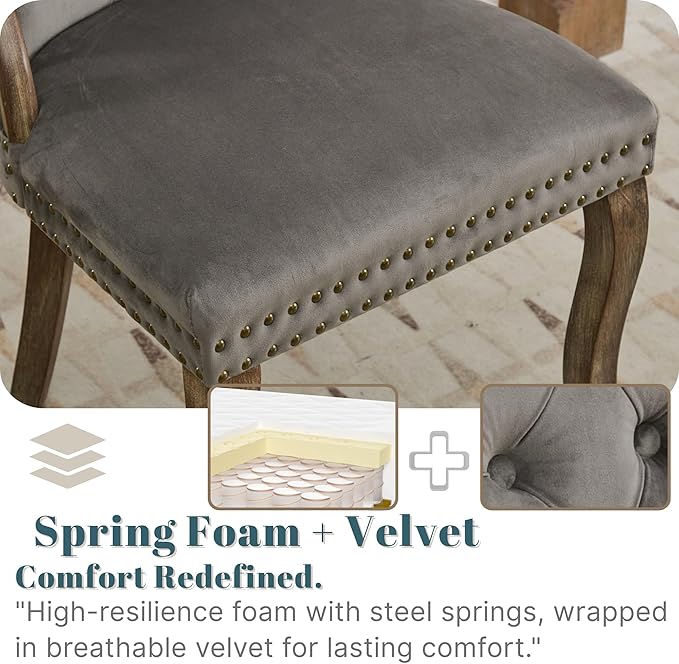 Velvet Dining Chairs Set of 2, Solid Wood Handles, Wooden Upholstered Dining Chair, Vintage Copper Nail Decoration, Mid Century Modern Kitchen Chair (Grey, Set of 2)
