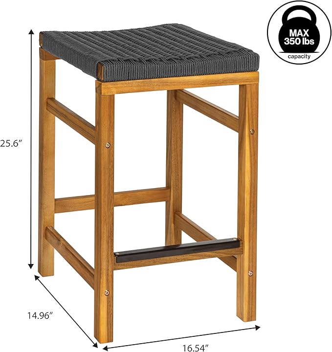 JONATHAN Y CSL1201B-SET2 Armand 25.6" Modern Coastal Backless Acacia Wood Outdoor Counter Stool with Woven Rope Seat, for Pool, Deck, Poolside, Light Teak/Grey (Set of 2)