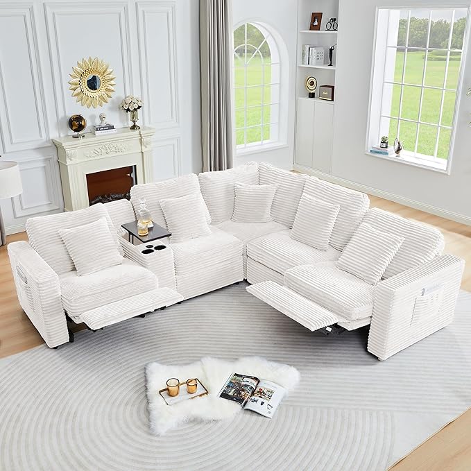 Power Reclining Sectional Sofa, Electric Loveseat Recliner with Storage Console and USB Ports, Plush Corduroy Fluffy Reclining Loveseat Couch Adjustable Headrest, 2 Seat Sofa for Living Room-White