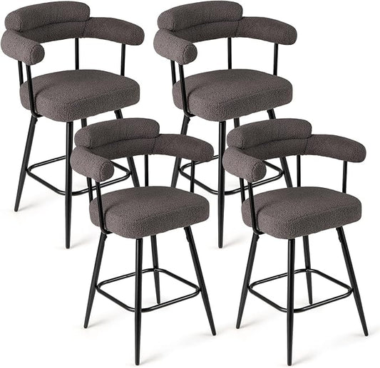 COSTWAY Counter Height Bar Stools Set of 4, 27" Swivel Modern Upholstered Counter Chairs with Boucle Fabric, Curved Backrests & Metal Legs, for Kitchen Island, Home, Pub (4, Grey + Black)
