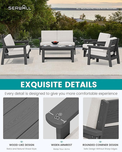 SERWALL HDPE Patio Furniture Set, 5 Piece All Weather Wood-Like Sectional Outdoor Furniture Set, Grey Patio Sofa Couch with Khaki Cushions for Deck, Lawn