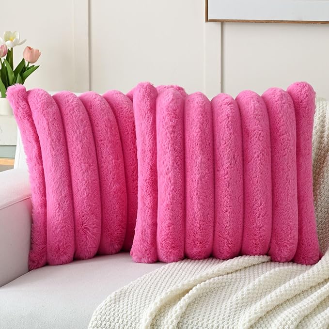 FUTEI Hot Pink Decorative Throw Pillow Covers 22x22 Inch Set of 2, Square Soft Faux Rabbit Fur Thick Striped Cushion Cover,Winter Home Decor for Couch Bed Living Room