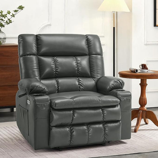 MCombo Dual Motor Power Lift Recliner Chair for Elderly, Lay Flat Lift Chair with Heat and Massage, Petite Wide Lift Chair, Cup Holders, USB A&C Ports, Faux Leather R7894 (Grey, Small-Wide)