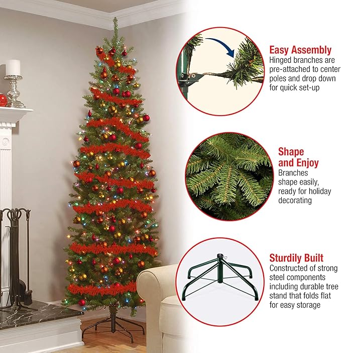 National Tree Company 7 ft Pre-Lit Kingswood Fir Slim Artificial Christmas Tree, 300 Multicolor Lights, 892 Tips, Includes Stand, Green