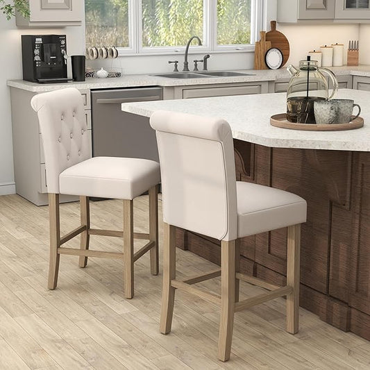 GOTMINSI 24" Bar Stools Set of 2 for Kitchen Island Upholstered Counter Height Bar Stools with Button Tufted Decoration Barstools Home Kitchen Island Wooden Bar Chairs Beige