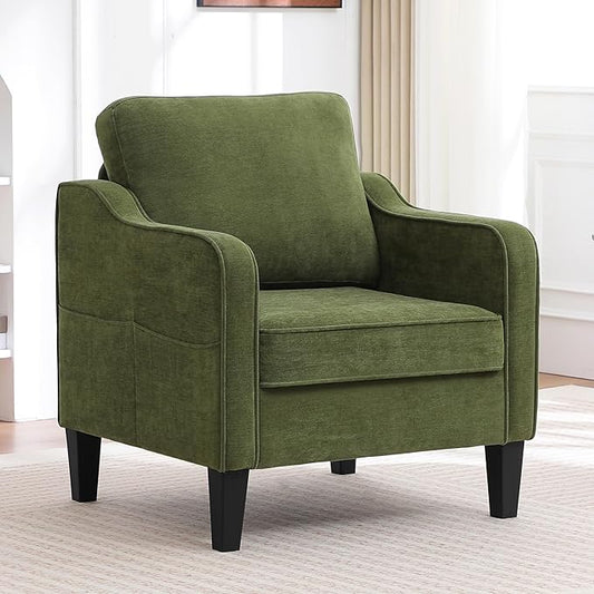 Accent Chair for Living Room, Mid Century Modern Reading Chair for Bedroom, Upholstered Armchair with Side Pockets, Comfy Single Sofa Side Chair for Office, Apartment, Small Room, Olive Green