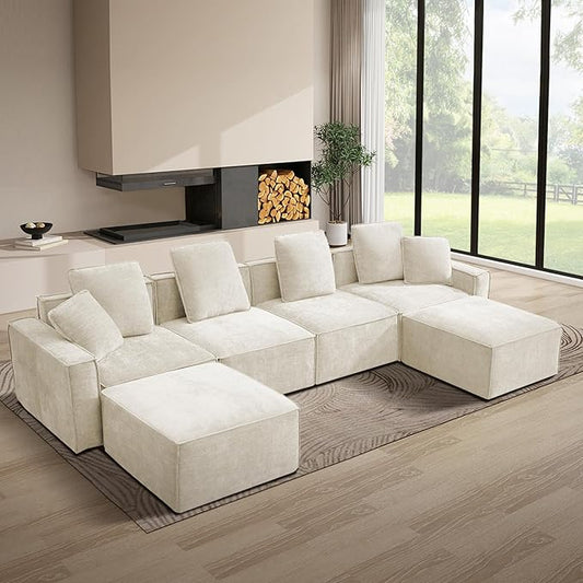 WILLOVE 141'' Modular Sectional Sofa, Chenille Cloud Couch with Wide Armrests & 6 Pillows, Deep Seat Couches for Living Room, Beige