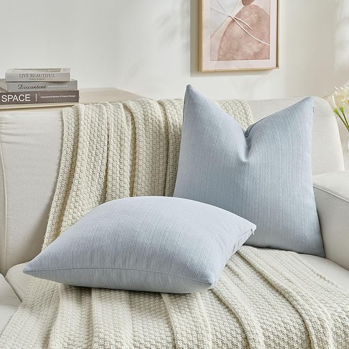FUTEI Light Blue Decorative Throw Pillow Covers 26x26 Inch Set of 2,Soft Cozy Wheat Ear Striped Patterns Euro Pillow Shams,Modern Home Decor for Couch Bed Living Room
