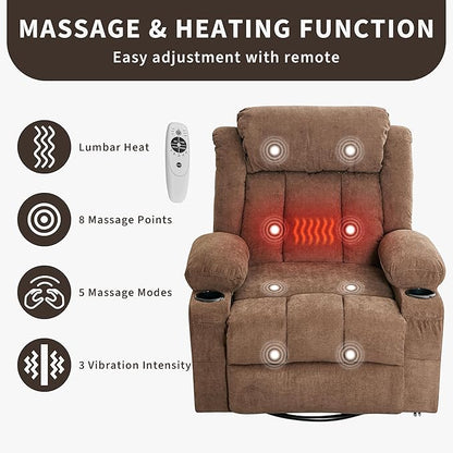 Power 360° Swivel Rocker Recliner with Heat and Massage Oversized Electric Rocking Chair for Big and Tall People with 2 Cup Holders Side Pockets Remote Control USB Charging Port, Brown