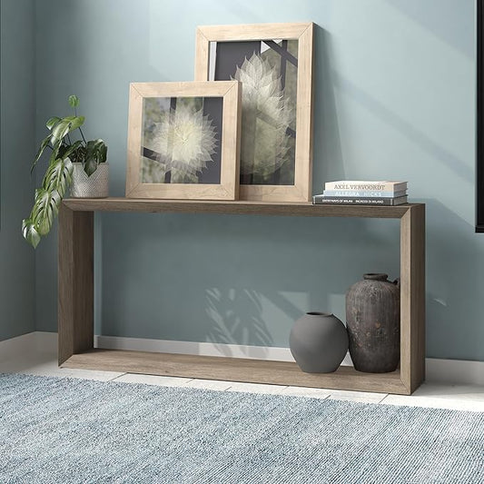Henn&Hart 64'' Wooden Rectangular Console Table Entryway Table, Sofa Table with Wooden Shelf for Entryway, Living Room, Couch, Hallway, or Office, Antiqued Gray Oak