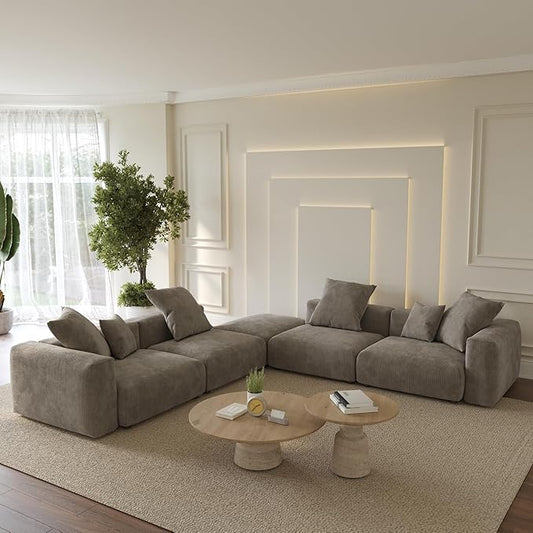 Oversized Modular Sectional Sofa with Ottomans,5 Seater Corduroy V Shaped Reversible Corner Couch,141.73" Convertible Sofa & Couch Free Combination for Living Rooom,Brown