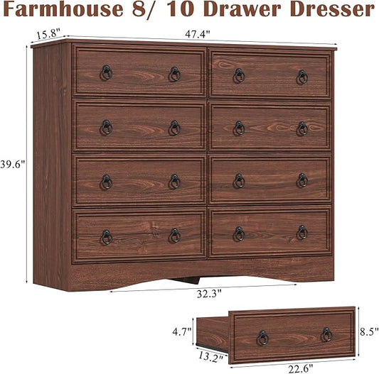 8 Drawer Dresser for Bedroom, Large Dressers Mid Century Modern Cherry Wood Chest of Drawers,Storage Organizer Furniture, Hallway, Entryway, Closet, Cherry Wood