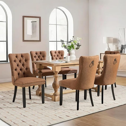 Linen Upholstered Dining Chairs Set of 6, Modern Style Kitchen Side Chairs with Nailhead Trim and Wood Leg, Metal Pulling Ring for Dining Room Living Room(Coffee,Set of 6)