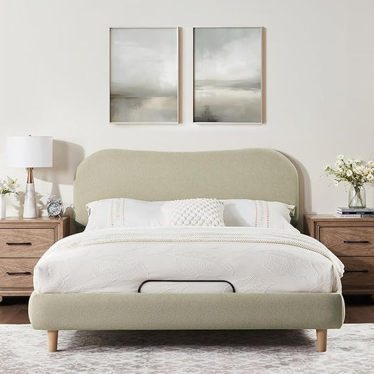 FLEXISPOT Queen All-in-One Adjustable Bed with Linen Upholstered Bed Frame, Soft Cloud Bed with Head & Foot Incline, Adjustable Headboard, Thick Foam Padding, 10-Year Warranty, Easy Assembly, Sage