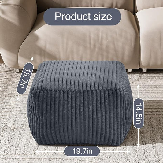 MeMoreCool Square Stuffed Pouf Ottoman Foot Rest, Stripe Furry Floor Pouf Foot Stool with Foam Chunk Filling, Soft Fluffy Stuffed Ottoman Footrest for Living Room, Faux Fur Grey