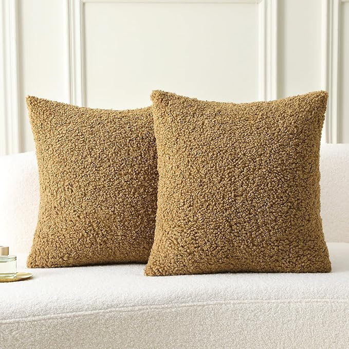 FUTEI Khaki Throw Pillow Covers 22x22 Inch Set of 2,Furry Faux Fur Teddy Boucle Textured Cushion Covers,Soft Fluffy Decorative Pillow Case,Home Decor for Couch Bed Living Room Office Car