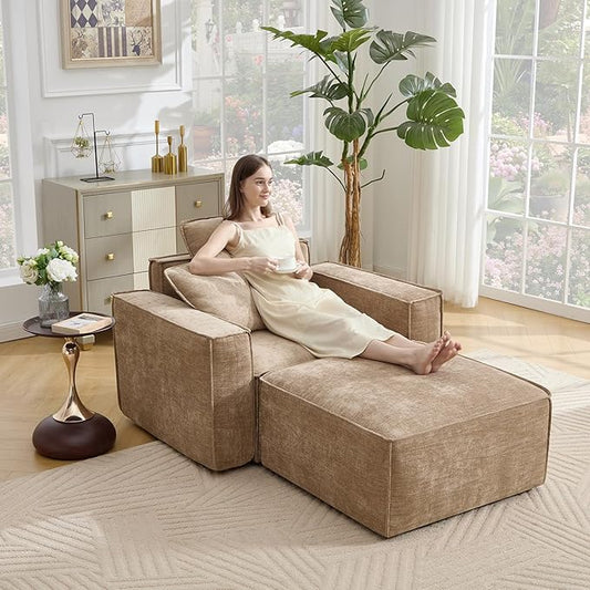 WILLOVE 47'' Single Sofa with Ottoman, Chenille Cloud Couch with Wide Armrests & 3 Pillows, Deep Seat Couches for Living Room, Khaki