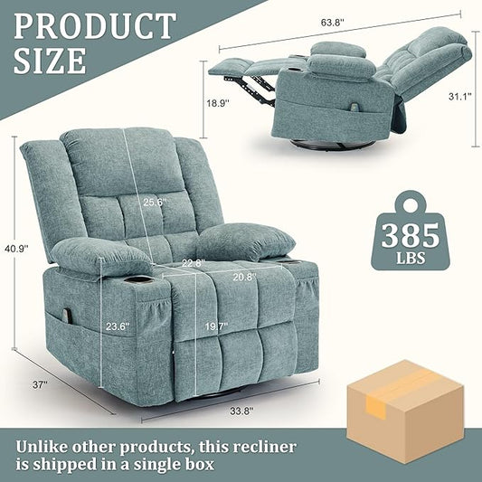 Adult 360° Swivel Rocking Recliner, Baby Room Glider Recliner with Massage and Heating, Rocking Chair with Cup Holder, Living Room and Bedroom Manual Chair (Fabric, Lake Blue)