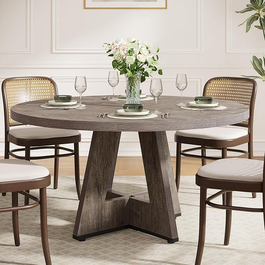 Tribesigns Round Dining Table for 4, 47 inch Farmhouse Circle Kitchen Table with Wooden Pedestal Base for Kitchen, Dining Room, Living Room (Grey)