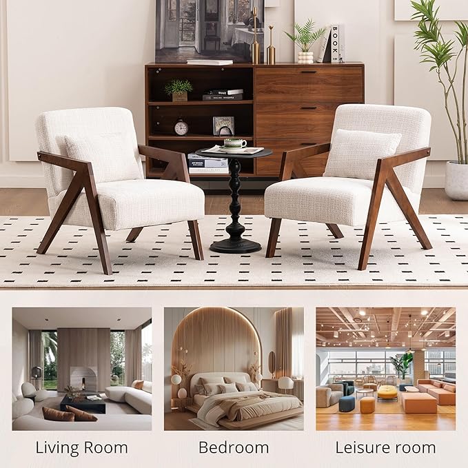 Mid-Century Modern Accent Chair Set of 2 with Solid Wood Frame，Upholstered Chenille Living Room Arm Chairs with Pillow for Bedroom, Living Room, Reading Room, Balcony, Beige