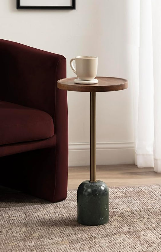Kate and Laurel Shorrock Round Mango Wood Side Table, 12 x 12 x 24, Walnut Brown, Brass, and Green Marble, Modern Pedestal End Table with Marble Base for Bedroom Nightstand or Living Room Plant Stand