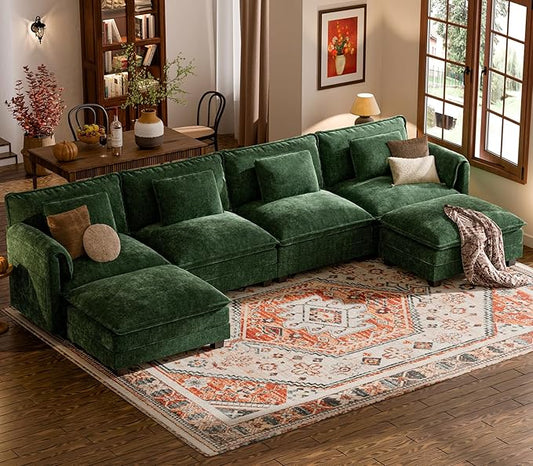 ELUCHANG 153" Oversized Modular Sectional Sofa, Comfy Deep Seat Cloud Couch, 6 Seater U Shaped Modern Sofa with Removable Cover for Living Room, Apartment, DIY Combination, Chenille Olive Green