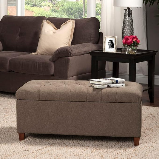 Homepop Home Decor | Tufted Ainsley Button Storage Ottoman Bench with Hinged Lid | Ottoman Bench with Storage for Living Room & Bedroom, Brown 18x40x18 inches
