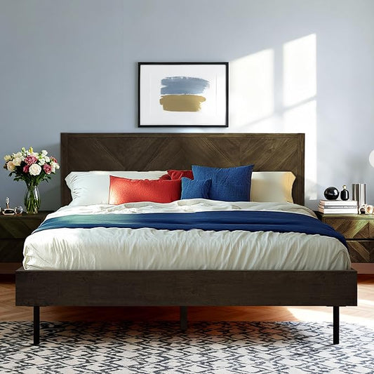 Acacia Alander Bed Frame Queen Size with High Headboard Solid Wood Platform Bed, Tall Headboard Natural Wood Bed Compatible with All Mattresses, Quick & Easy Assembly, No Box Spring Needed, Mocha