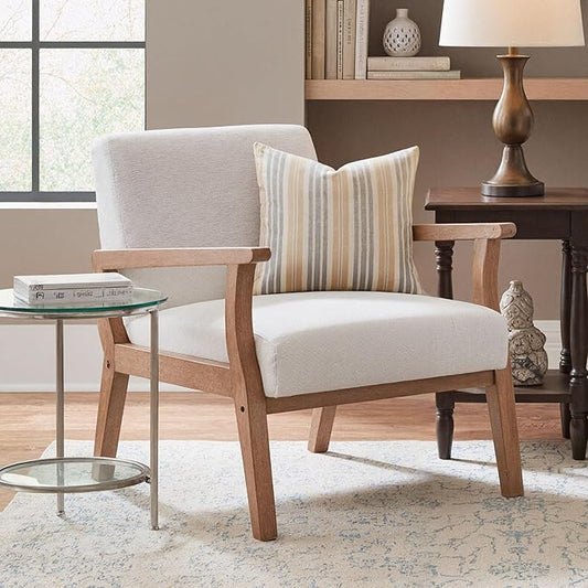 HNY Mid Century Armchair with Wood Frames, Linen Upholstered Living Room Arm Chair, for Living Room, Bedroom, Ivory