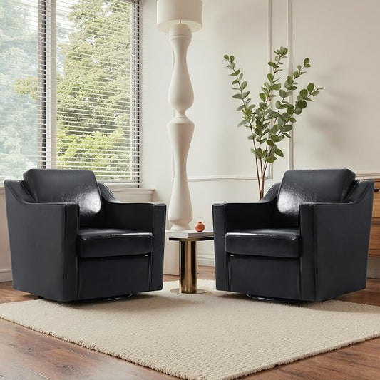 UIXE Swivel Accent Chair Set of 2, Faux Leather Upholstered Arm Chair for Living Room, Modern Club Armchair Comfy Single Sofa Bedroom Reading Seat with Lumbar Pillow - Black