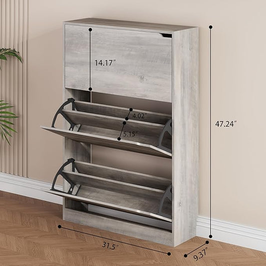 Shoe Storage Cabinet, Wood Shoe Organizer for Entryway with 3 Flip Drawers, Freestanding Shoe Rack with Adjustable Shelf, Narrow Shoe Dresser for Front Door Entrance(Grey, 47.2" x 31.5" x 9.25")