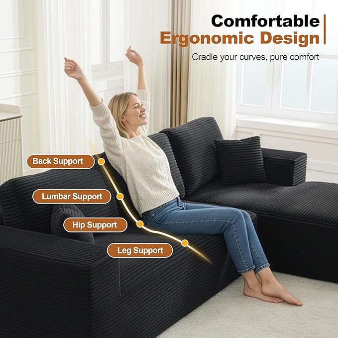 Cloud Modular Sectional Sleeper Sofa,U-Shape Modern Boneless Sectional Couch with Deep Seat,Upholstered Couches for Living Room Bedroom,No Assembly Required,Black