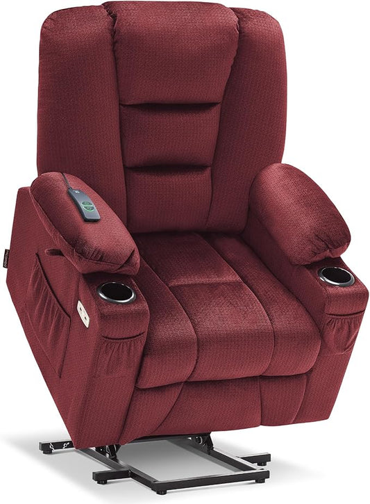 MCombo Small Power Lift Recliner Chair with Massage and Heat for Petite People, Cup Holders, USB Ports, Side Pockets, Fabric 7569 (Small-Regular, Burgundy)
