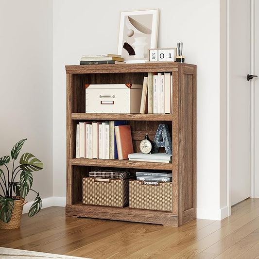 LINSY HOME 3-Tier Bookcase Display Storage Shelves Farmhouse Bookshelf for Home Office, Living Room, Bed Room - Dark Brown