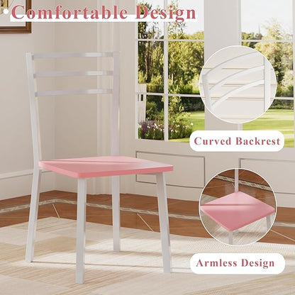 VECELO Small Round Dining Table Set for 2, Wood Tabletop with Strong Metal Frame, Modern Dinette with Chairs for Kitchen, Breakfast Nook Living Room, Pink & White