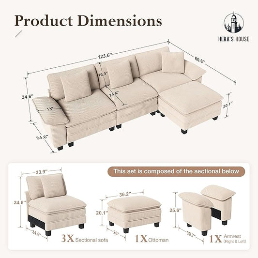 HERA'S HOUSE 124" Modular Sectional Sofa, Oversized L Shaped Couches for Living Room, Comfy Cloud Couch with Ottoman, 4-Seater Deep Seat Sofa with Throw Pillow, Corduroy Beige