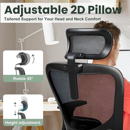 Ergonomic Office Chair - 350LB Mesh Office Chair with Adjustable Lumbar, High Back Computer Desk Chair with 3D Armrest, Comfy Chair with 2D Headrest & Tilt Function for Study, Work, Gaming