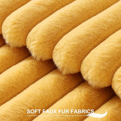 Pallene Faux Fur Plush Throw Pillow Covers 24x24 Set of 2, Luxury Soft Fluffy Striped Decorative Pillow Covers for Sofa, Couch, Living Room, Mustard Yellow