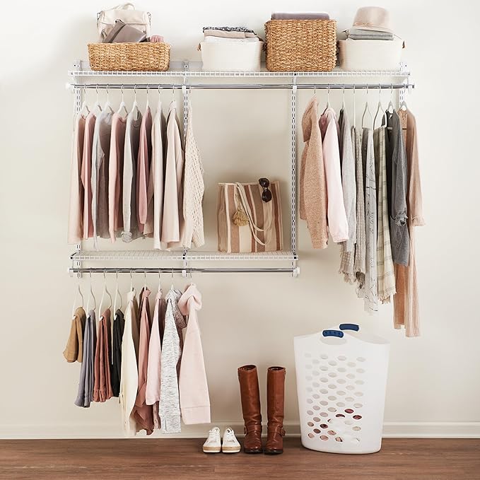 Rubbermaid Configurations Custom Closet Kit 3-6 Ft. Adjustable Metal Wire Shelving White Finish Expandable Organization System Hardware Included for Home Closet/Pantry/Laundry/Mudroom