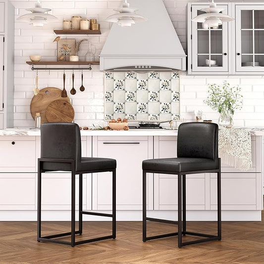 ALPHA HOME 24 Inch Bar Stools, Kitchen Counter Stools with Backs, Black Bar Stools Set of 2, PU Leather Barstools, Kitchen Stools with Back&Upholstered Footrest, Sturdy Chromed Metal Steel Frame