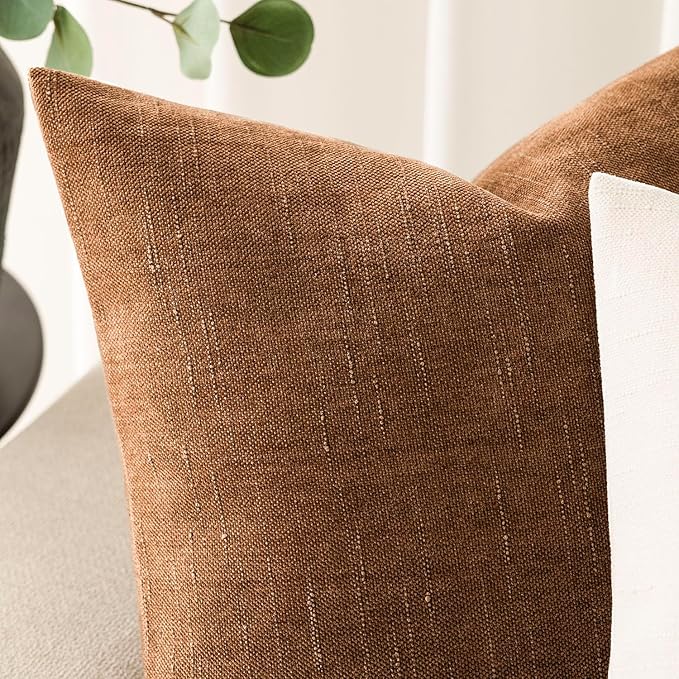 Foindtower Pack of 2 Soft Textured Chenille Throw Decorative Pillow Covers Square Accent Solid Cushion Cover Cozy Farmhouse Pillow Case with Zippe for Couch Sofa Bed Living Room 22x22 Inch, Bronze