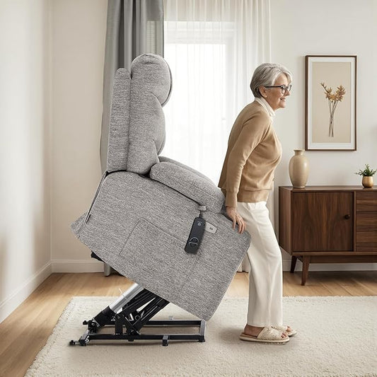 MCombo Oversized Power Lift Recliner Chair with Extended Footrest for Elderly People, Fabric R7289 (Light Grey, Medium-Oversize)